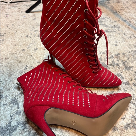 Shoes - Elegant Red Lace-Up Heeled Boots